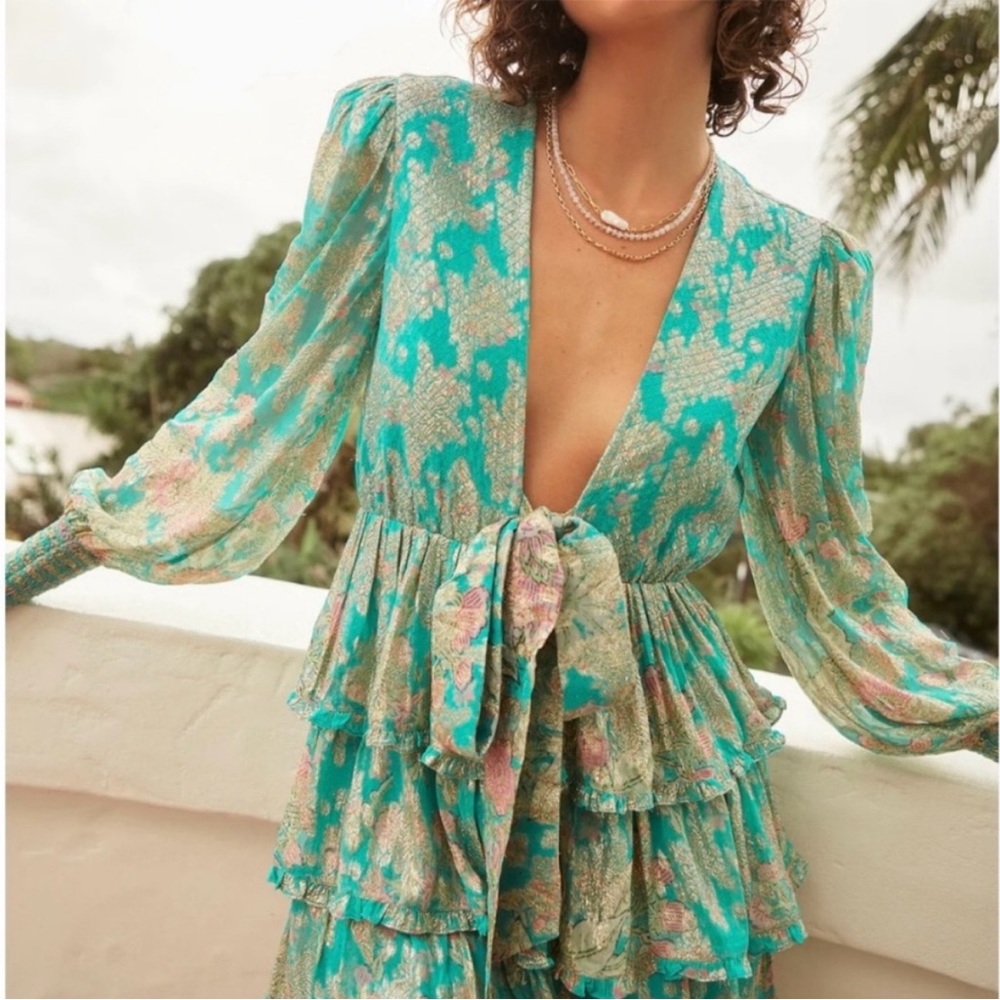 Hemant & Nandita Isha Metallic Mini Dress Floral Deep V Neckline Green Gold.